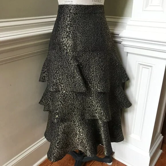Charlotte Brody Cascade Ruffle Midi Skirt Womens 8 Black Gold High Rise Tiered
